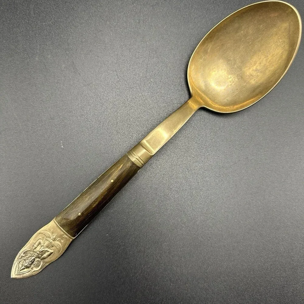 Vintage Siam Thailand Bronze Large Salad Servers Thai Goddess Wood Handles 9,5”